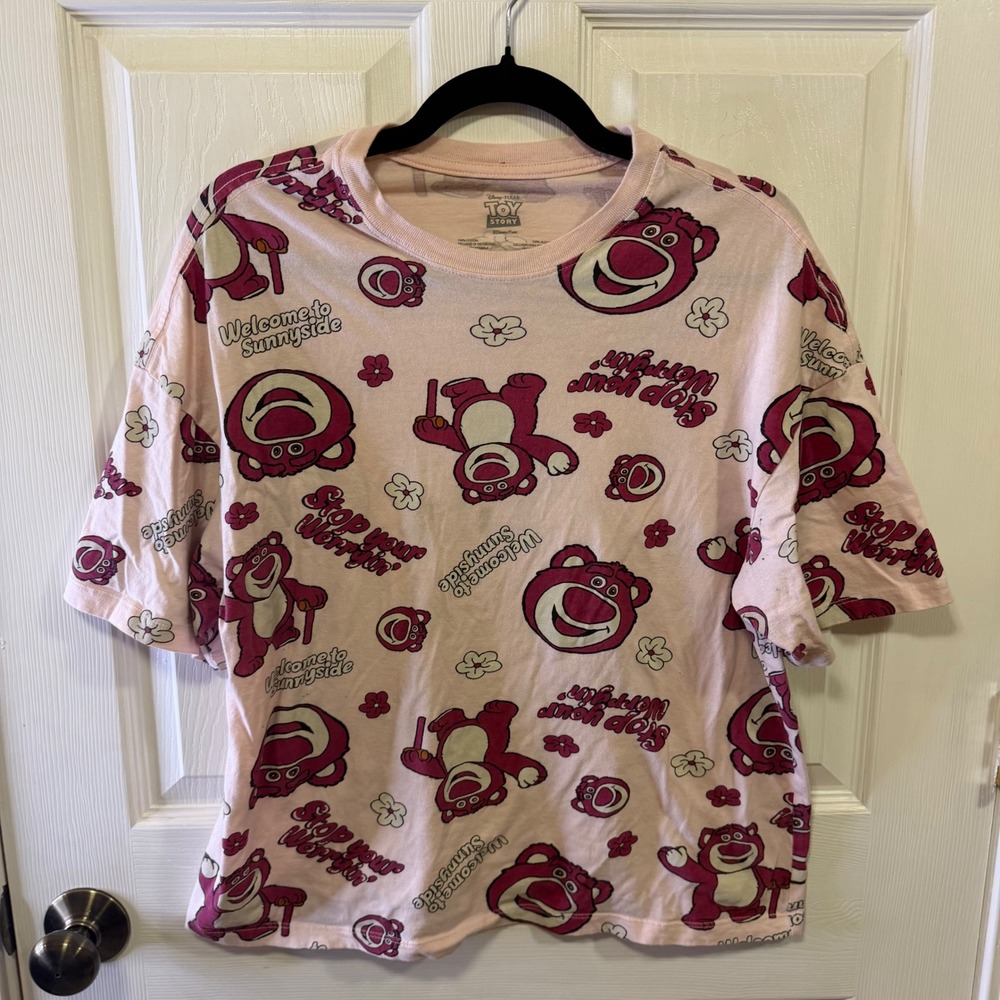 Disney Pixar Toy Story Lotso Bear Pink Graphic Tee All Over Print Sunnyside L